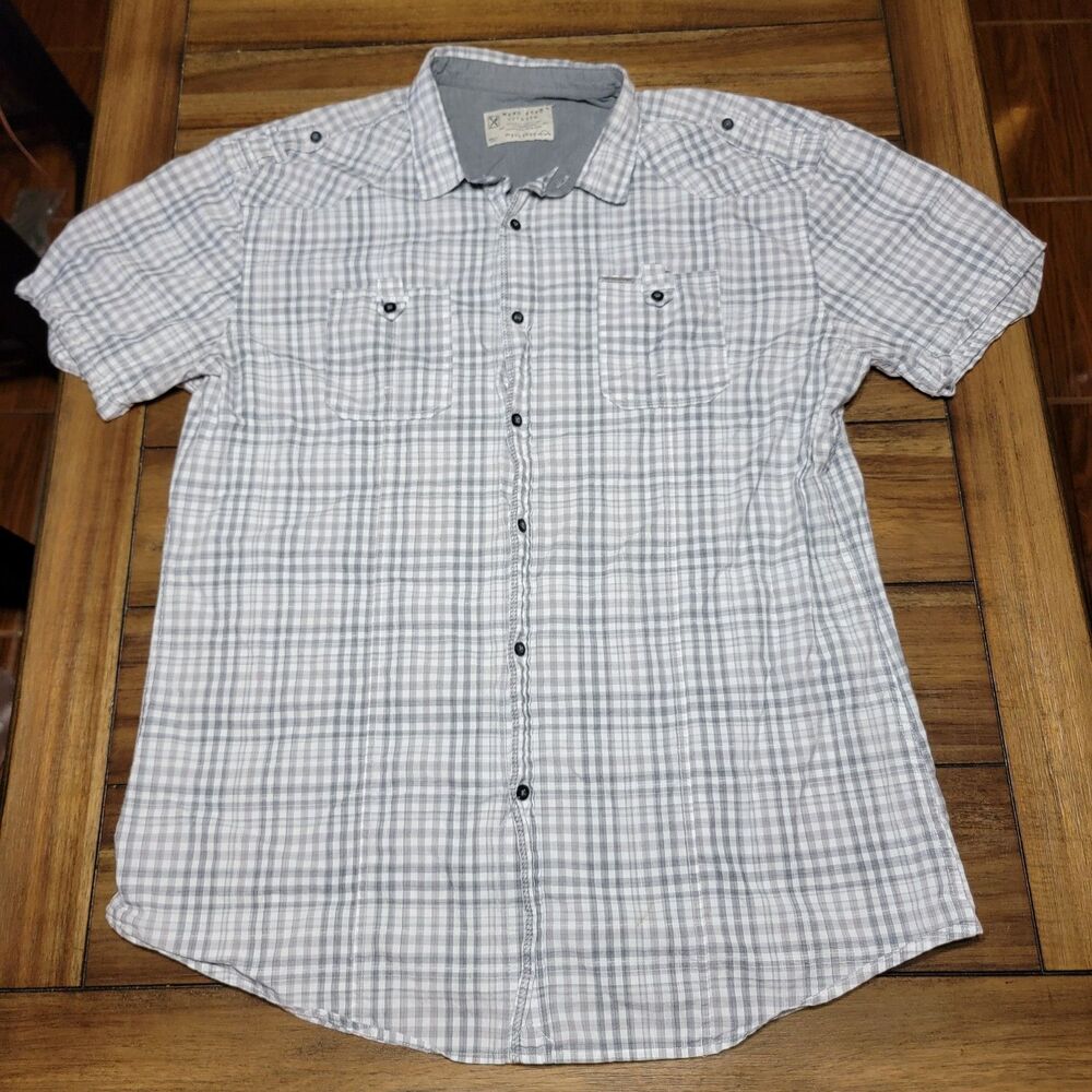 Marc Ecko Cut & Sew SS Grey & White Squares Full Button Shirt - Size 2XL